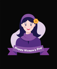A cheerful woman with purple hair and a ribbon for Women's Day.