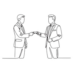 Continuous Line Art of Two Businessmen Exchanging Document – Partnership and Agreement Concept