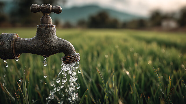 water flowing from tap onto vibrant green field representing essential natural resources irrigation agriculture eco friendly conservation and plant hydration