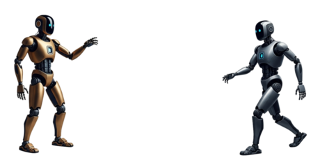  Stylized AI Androids in Action Poses, futuristic aesthetic, isolated on transparent background.png