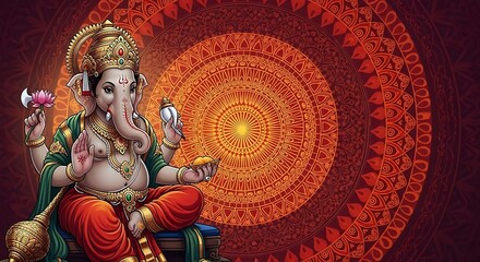 Fototapeta premium Ganesha with Lotus and Conch on Mandala Background
