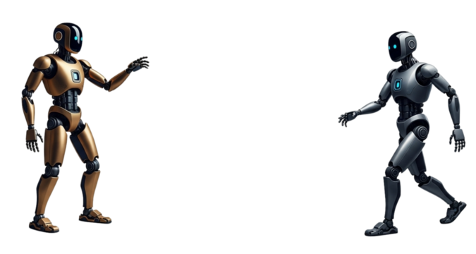  Stylized AI Androids in Action Poses, futuristic aesthetic, isolated on transparent background.png