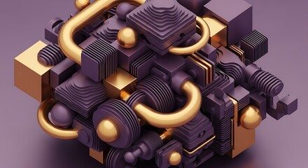 Abstract Geometric Composition Metallic Forms and Purple Tones