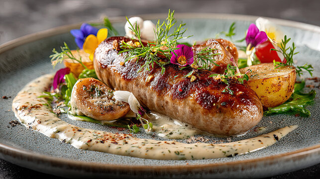 Andouillette Grilled chitterling sausage. Presented on a white dish 