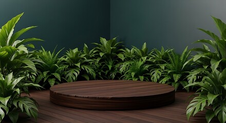 Wooden Display Platform Surrounded by Lush Greenery Commercial Backdrop Product Presentation