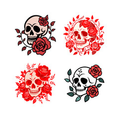 floral skull illustration with roses and vines