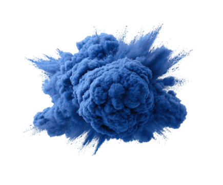 A vibrant blue powder explosion captured midair, creating a dynamic and energetic cloud of dust particles isolated on a clean transparent background, perfect for abstract or energetic concepts