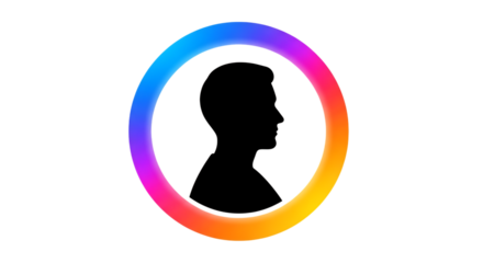 Silhouette of a person's head inside a colorful circle gradient on a black background is displayed
