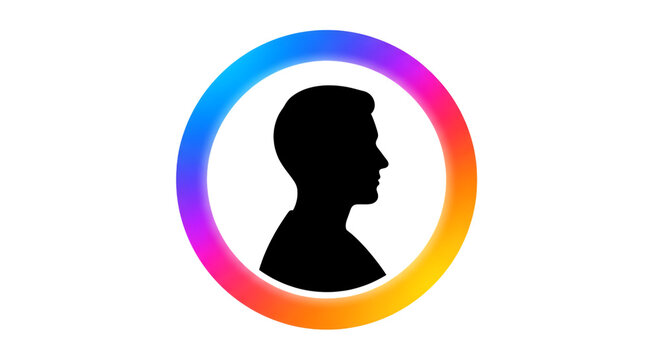 Silhouette of a person's head inside a colorful circle gradient on a black background is displayed