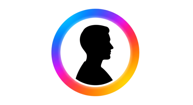 Silhouette of a person's head inside a colorful circle gradient on a black background is displayed