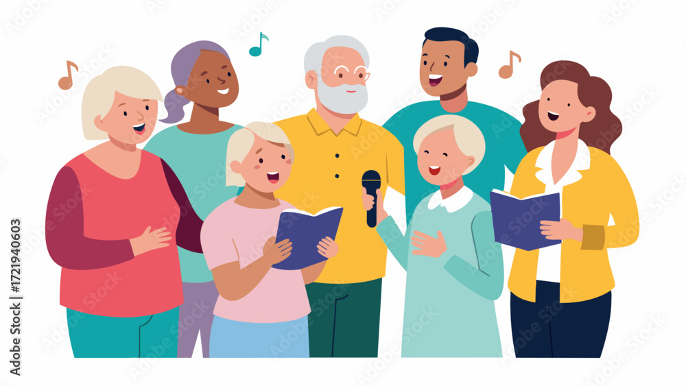 Poster a group of volunteers holding a singalong session with a group of elderly individuals promoting soci