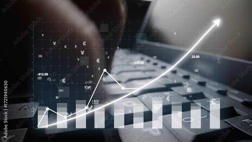 Poster a close-up of hands typing on a keyboard, set against a backdrop of digital financial graphs and dat