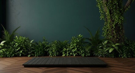 Elegant Wooden Platform with Lush Greenery Backdrop for Product Display and Nature Inspired Design