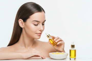 Fototapeta premium Beauty routine with a young woman applying essential oil in a calm, well-lit setting showcasing natural skincare products and a serene atmosphere