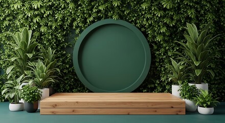 Green Plant Wall Mockup with Wooden Podium for Product Display