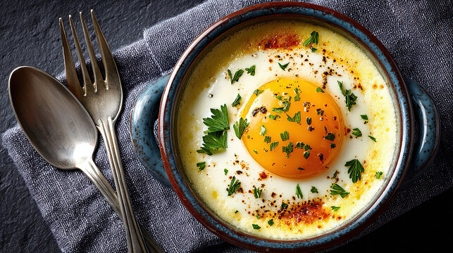 Oeufs cocotte Baked eggs with cream in a ramekin 