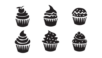 Six black cupcake icons isolated on white background