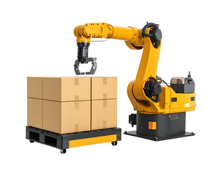 A robotic arm efficiently handling cardboard boxes on a pallet in a modern automated warehouse setting.