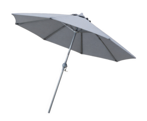 A grey patio umbrella, isolated on transparent background, showcasing its open canopy and central pole with a tilt mechanism, perfect for outdoor shade and protection from the sun