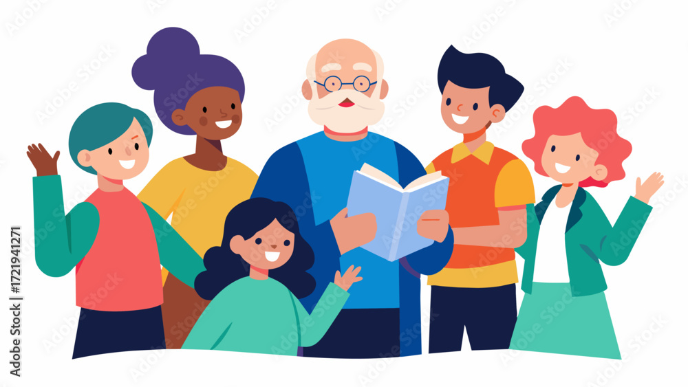 Poster a diverse group of individuals of all ages engaged in storytelling using different props and gesture