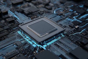 Close up of a central processing unit cpu chip on a complex electronic circuit board with glowing blue connections