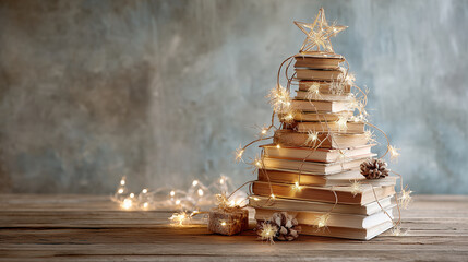 Creative Christmas Tree made of Books with Fairy Lights
