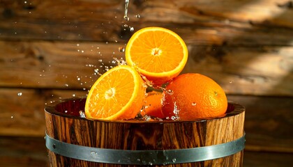 Fresh oranges in a wooden bucket with splashing water