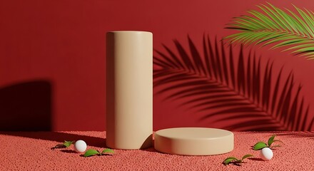 Minimalist Product Display Scene Beige Pedestal and Palm Leaves on Red Backdrop