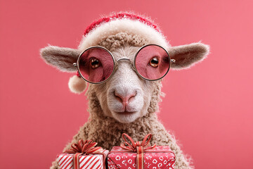 Festive sheep wearing a Santa hat and pink glasses holding gifts