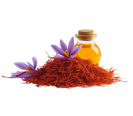 saffron threads and petals in flight, forming an abstract red color line on a white background