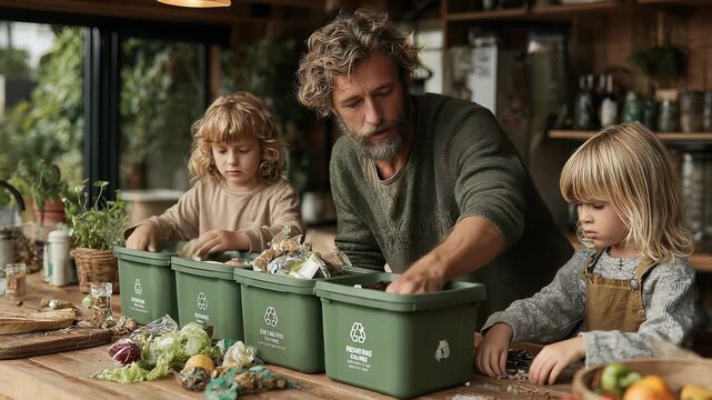 Father and Children Sorting Waste for Recycling at Home, Teaching Environmental Responsibility and Sustainable Living