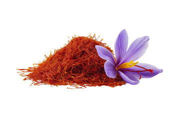 saffron threads and petals in flight, forming an abstract red color line on a white background