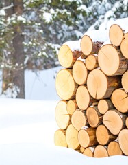 Stacked firewood in snowy forest
