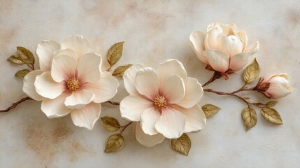Naklejka premium Elegant 3D floral mural featuring cream magnolia blossoms and golden leaves arranged on a textured neutral wall background.