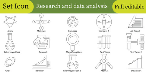Research & Data Analysis Icon Set: Editable Vector Graphics