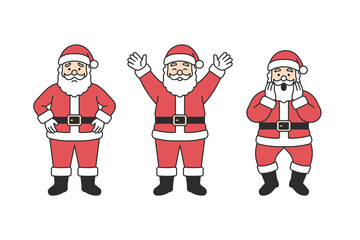 Santa Claus character set with sad expression, joyful arms raised pose and surprised face gesture, traditional red costume with beard, Christmas mascot for holiday season. Flat vector illustration