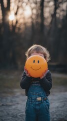 Young child in denim overalls holding a round yellow balloon with a smiling face, standing in a forest during sunset.