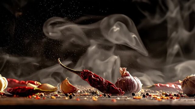 Still life with red chili peppers garlic peppercorns and seasonings on a dark surface under smoky vapor