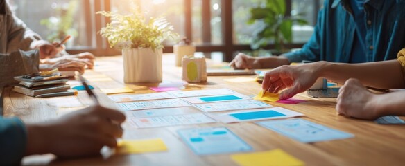 The collaborative brainstorming session with sticky notes and project plans.