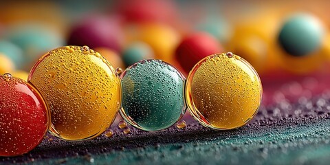 Bubbles in vibrant colors create an abstract composition with reflections and a textured background