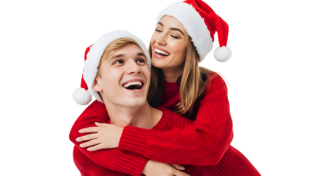 Joyful couple celebrating Christmas wearing Santa hats and red sweaters on a white background