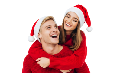 A happy couple in Santa hats and red sweaters celebrating Christmas and New Year's Eve with joy