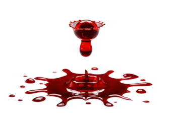 Hyper-viscous blood droplet, suspended over spreading reflective pool with tendrils, clean transparent studio, extreme macro, high-key lighting. Scientific fluid dynamics