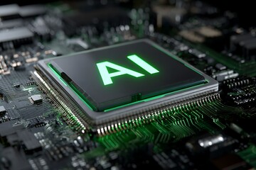 Close up of a glowing ai chip on a complex electronic circuit board with green light