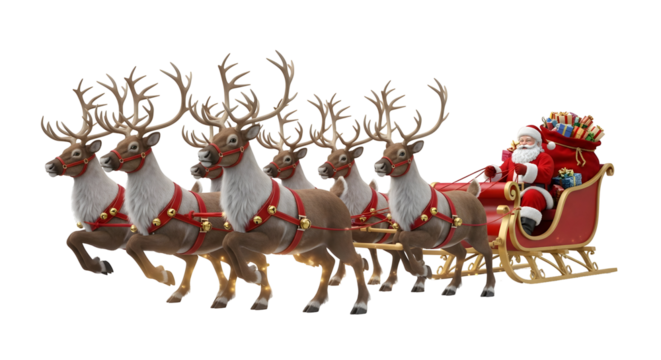 Santa Claus and his reindeer are delivering gifts to the world on Christmas Eve