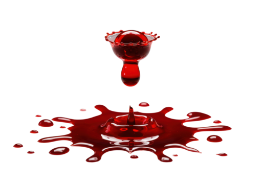 Hyper-viscous blood droplet, suspended over spreading reflective pool with tendrils, clean transparent studio, extreme macro, high-key lighting. Scientific fluid dynamics
