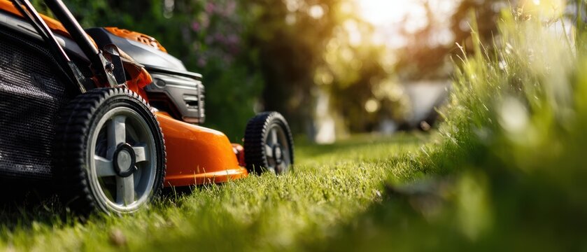 The vibrant lawnmower ready to maintain a lush green garden.