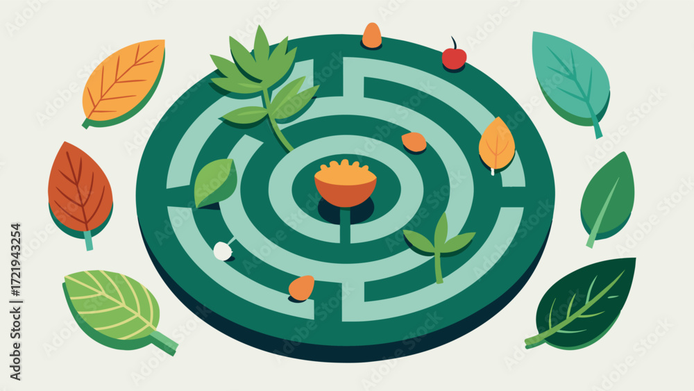 Poster a healing labyrinth made up of different types of medicinal plants intended to promote relaxation an