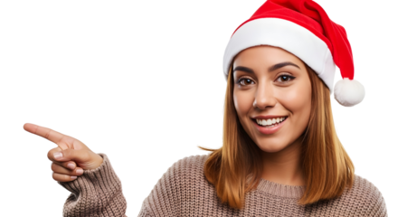 A cheerful woman wearing a Santa hat and pointing to the left, perfect for holiday promotions and winter greetings