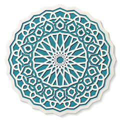 A circular Arabic geometric pattern designed in sticker style, featuring intricate symmetrical shapes, traditional motifs